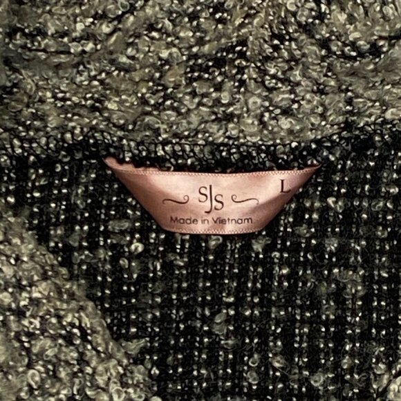 SJS Boucle Knit Cowl Neck Asymmetrical Sweater L Black Tan Roll Sleeve Cozy Chic - Picture 11 of 12